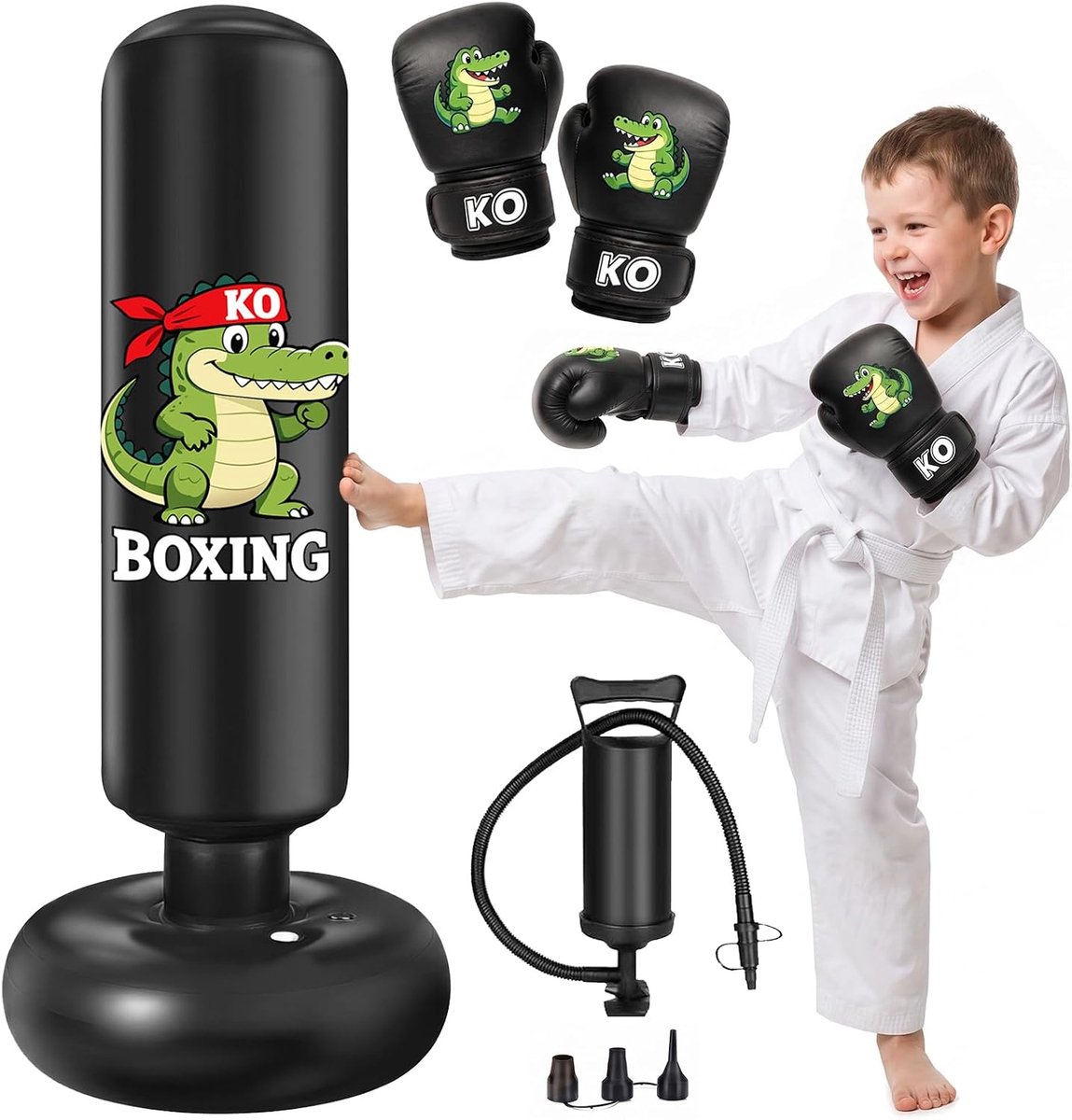 Qoosea Bokszak voor kinderen van 3-8 jaar, 130 cm, staande bokszak, opblaasbaar, met bokshandschoenen, staand, cadeau - ShopVlot