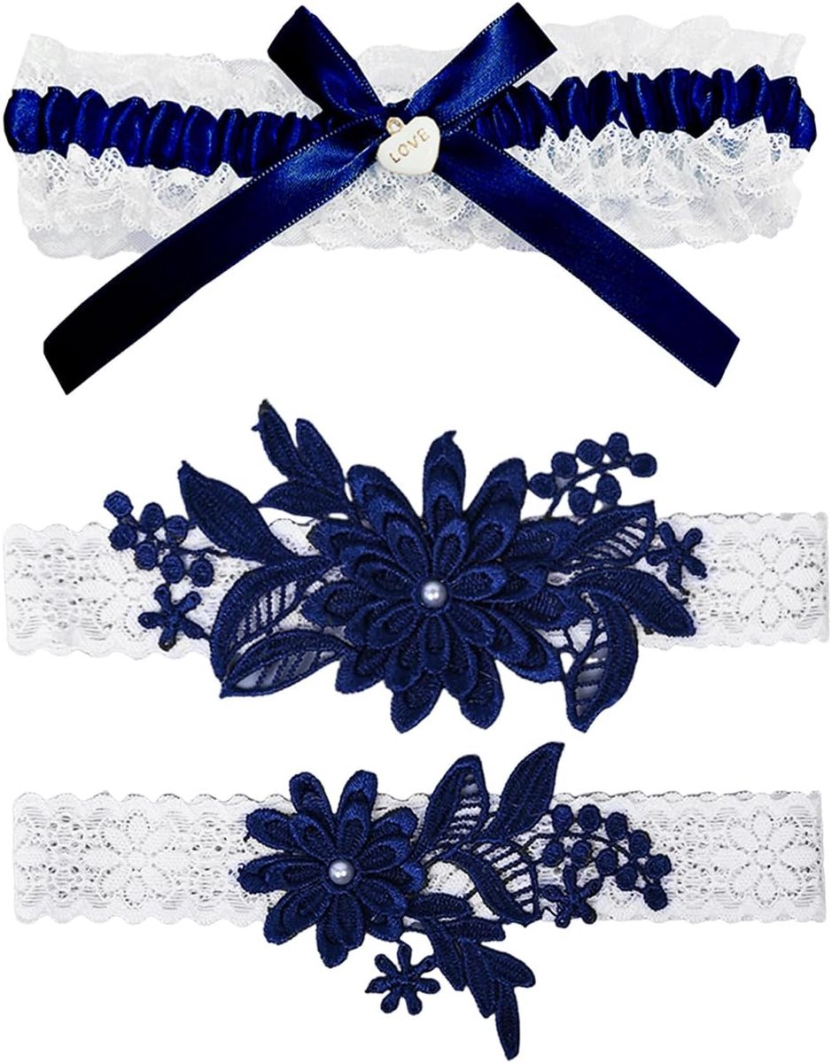 3 Pieces Of Blue And White Bridal Garter Belt, Elee Lace Leg Ornament, Elastic Lace Garter Belt, Ladies Party Leg - ShopVlot