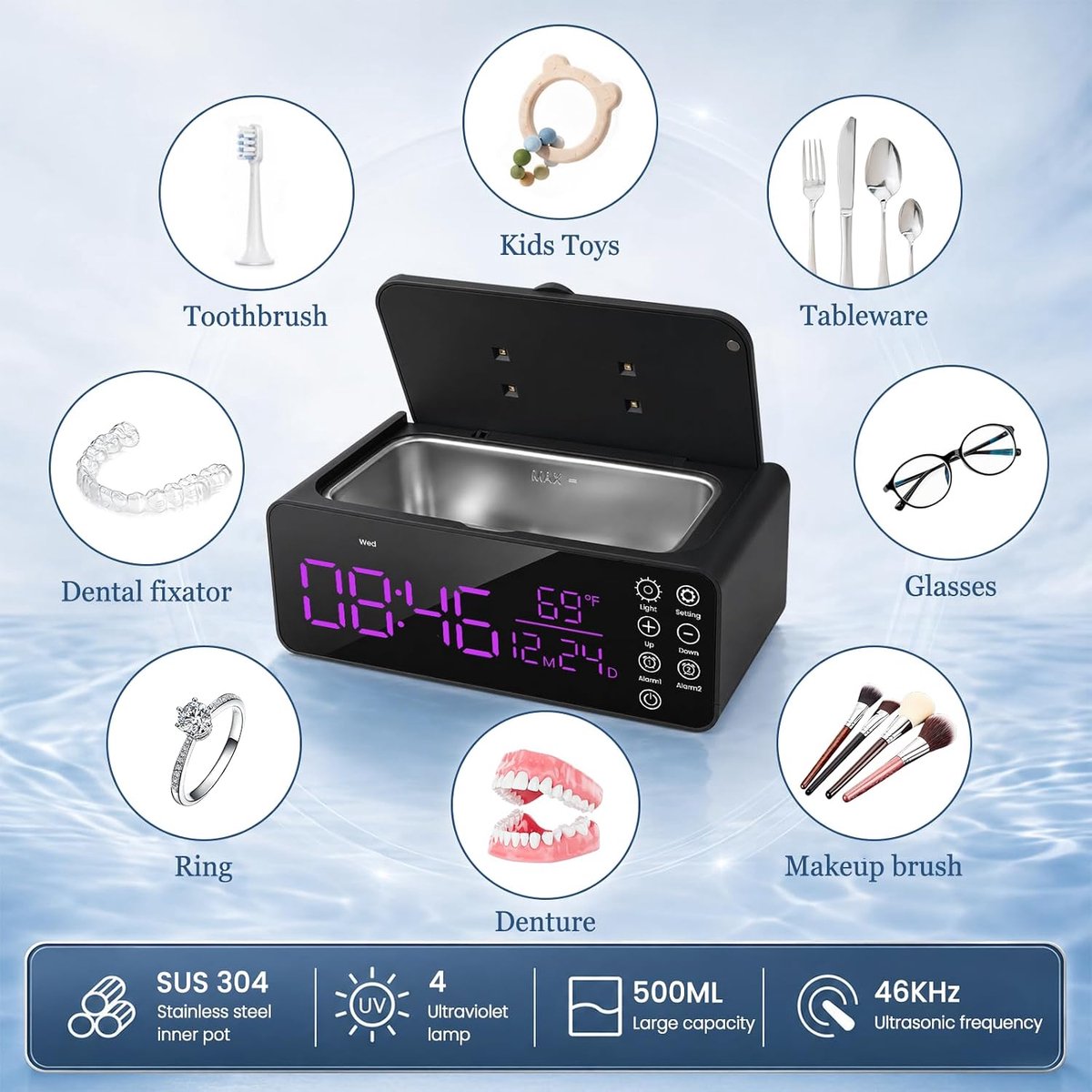 Ultrasonic Cleaner, 48 KHz, Ultrasonic Cleaner 500 ml, Ultrasonic Device with Alarm Clock, Ultrasonic Cleaner with LCD - ShopVlot