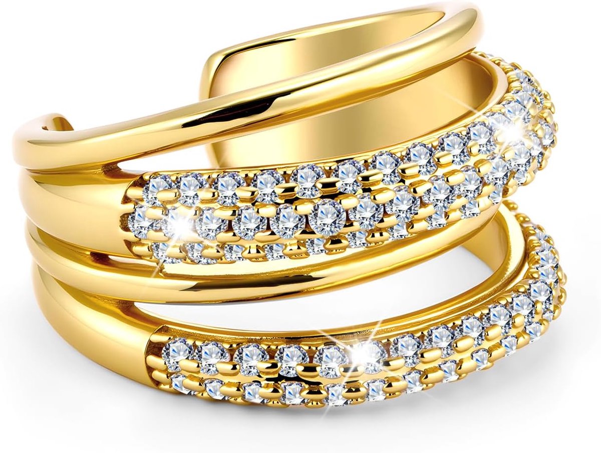 Gold Stainless Steel Rings for Men and Women Waterproof Adjustable Thick Gold Rings Open Ring Cubic Zirconia Women - ShopVlot