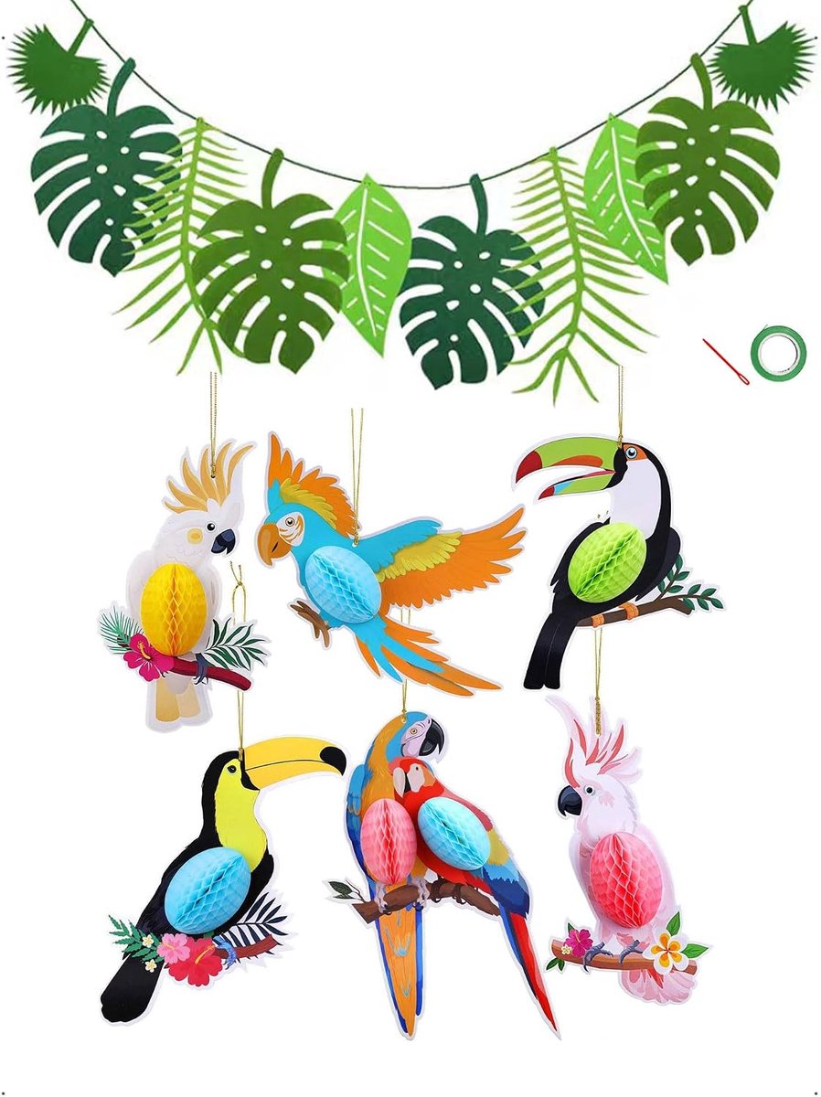 Set van 7 jungle-decoraties met slinger van vilten bladeren en 6 papieren pompons met Hawaiiaanse vogels en - ShopVlot