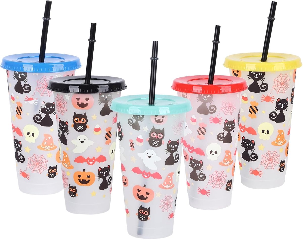 TSLBW 5pcs Halloween Changeable Color Cups 710ml Reusable Drinkware with Lid and Straw - ShopVlot