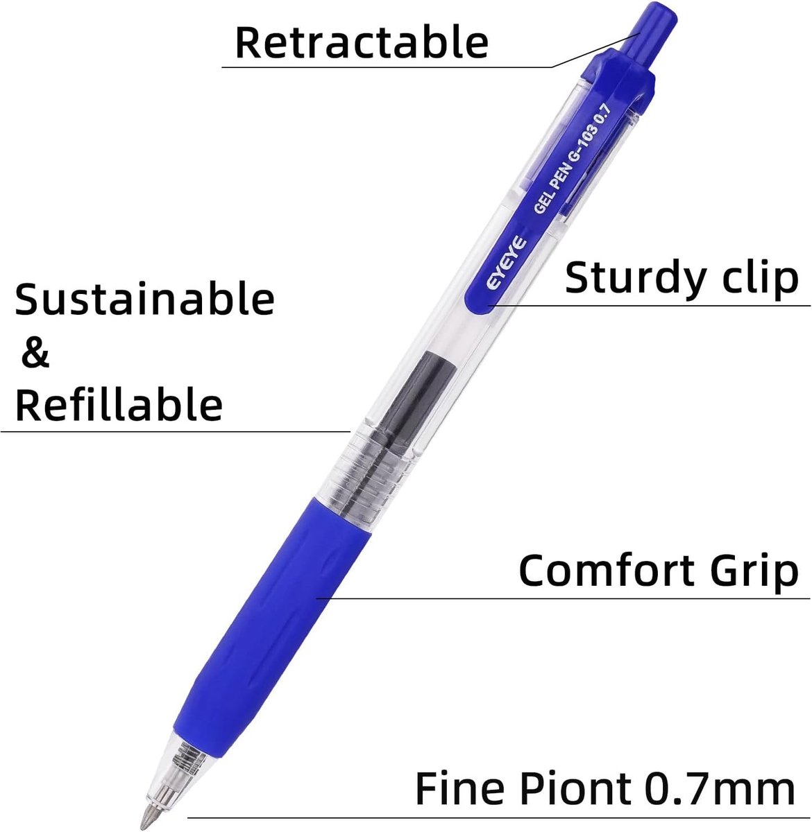 EYEYE Intrekbare gelpennen, pak van 15 pennen, blauwe inkt, 0,7 mm medium point smothing schrijfpennen voor kantoor - ShopVlot