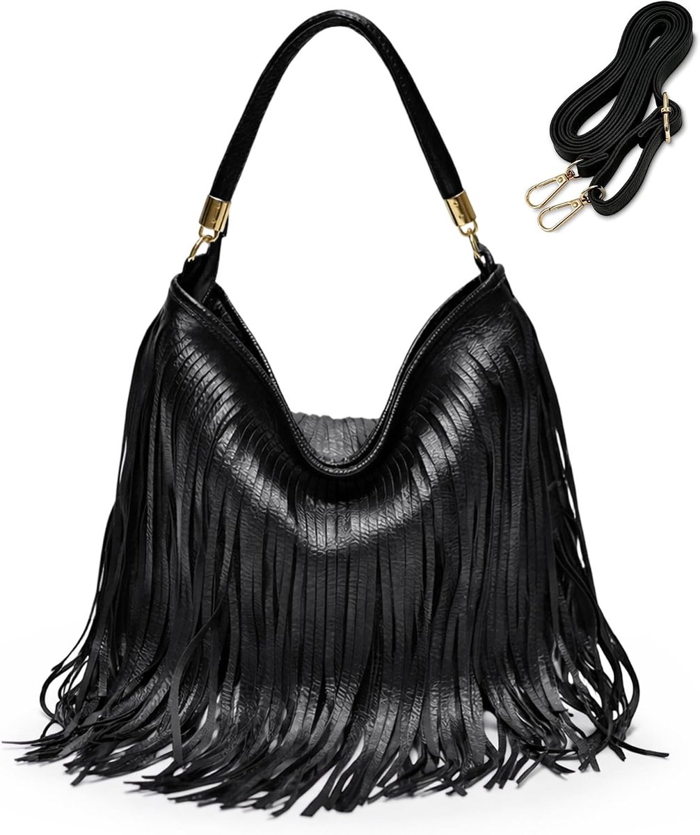 Middelgrote schoudertas voor dames, boho-tas met franjes, shopper van PU-leer, elegante schoudertas met grote - ShopVlot