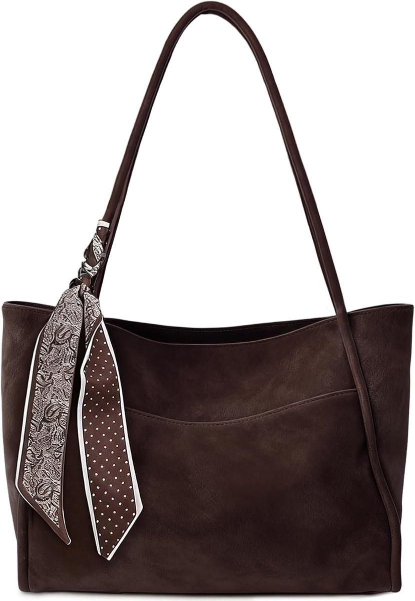 Large Shopper Bag for Women PU Leather Large Shoulder Bag Elegant Zipper Handbag Detachable Silk Scarf Carry Bag for - ShopVlot