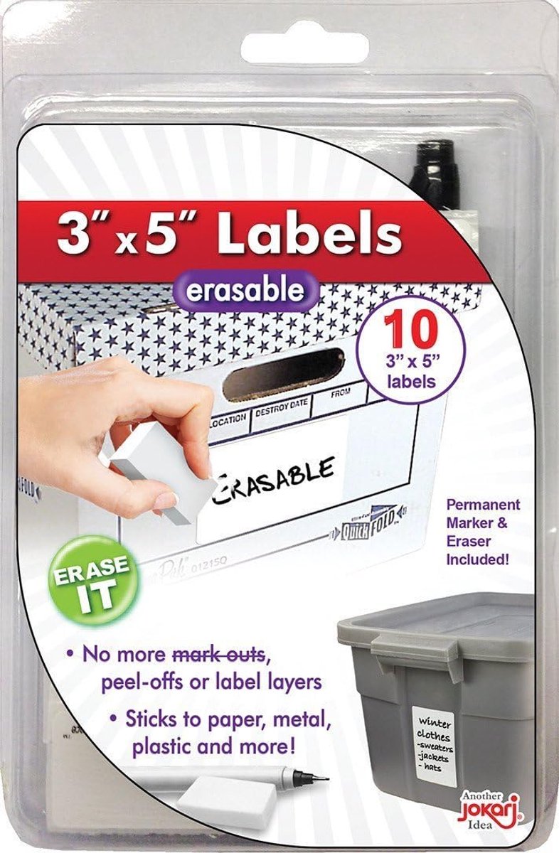 Jokari 48037 - Erasable Multi-Purpose Labels - Large Label Labels with 10 Labels, Eraser and Pen - 7.5 cm x 12.7 cm - ShopVlot