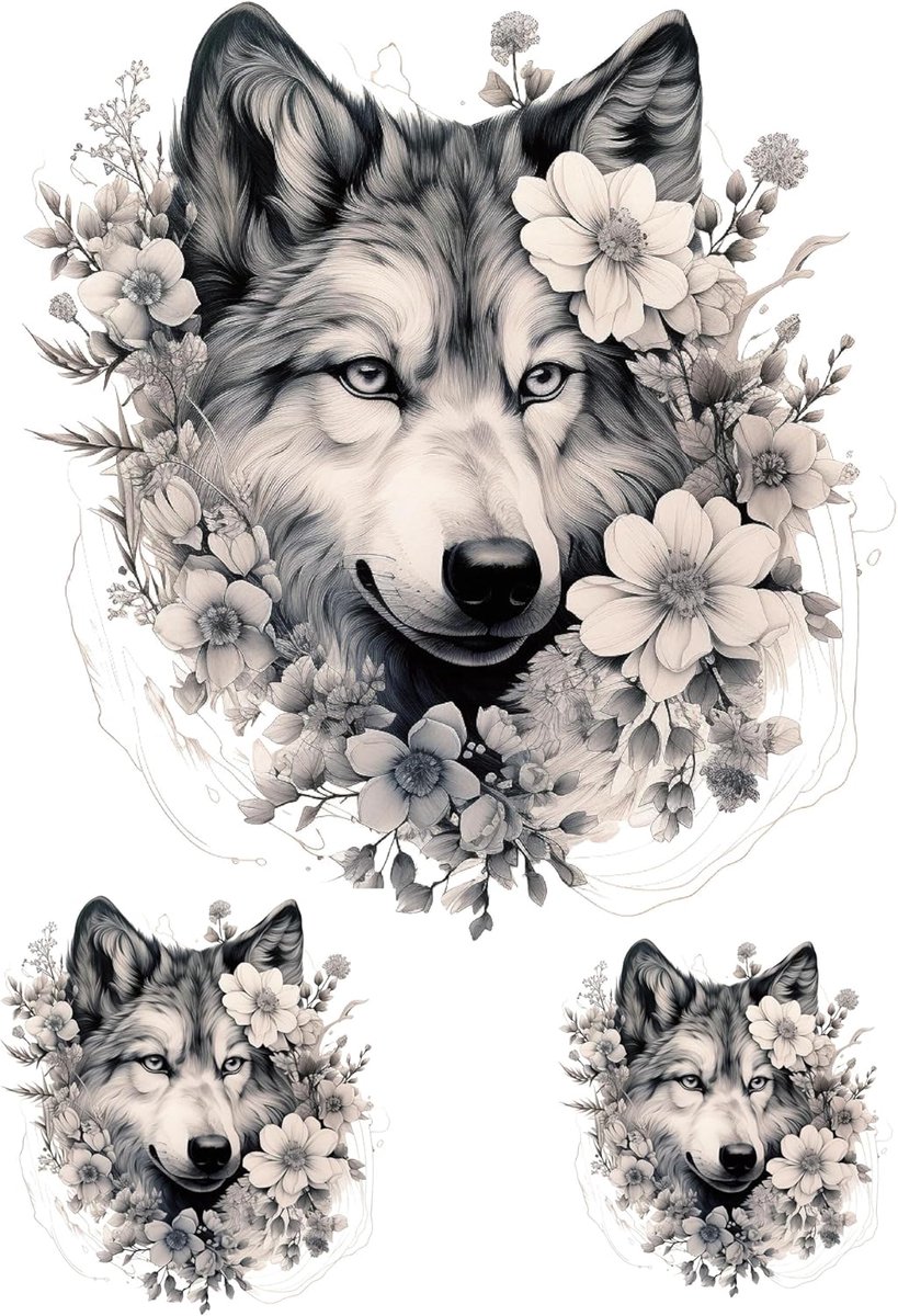 Temporary Wolf Tattoo Flowers Tattoo Wolf with Flowers Tattoo Fake Tattoo Sticky Tattoo KM-224 - ShopVlot