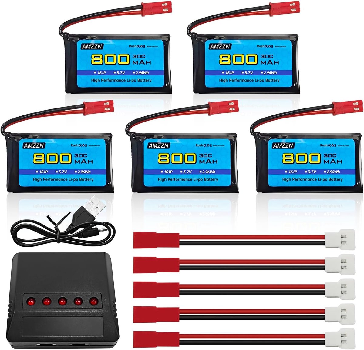 5pcs 3.7V 800mAh 30C JST Lipo Battery with Charger 5-in-1 for SYMA X56W MJX X400W X300C X800 HS110 HS200 S670 V950HD - ShopVlot