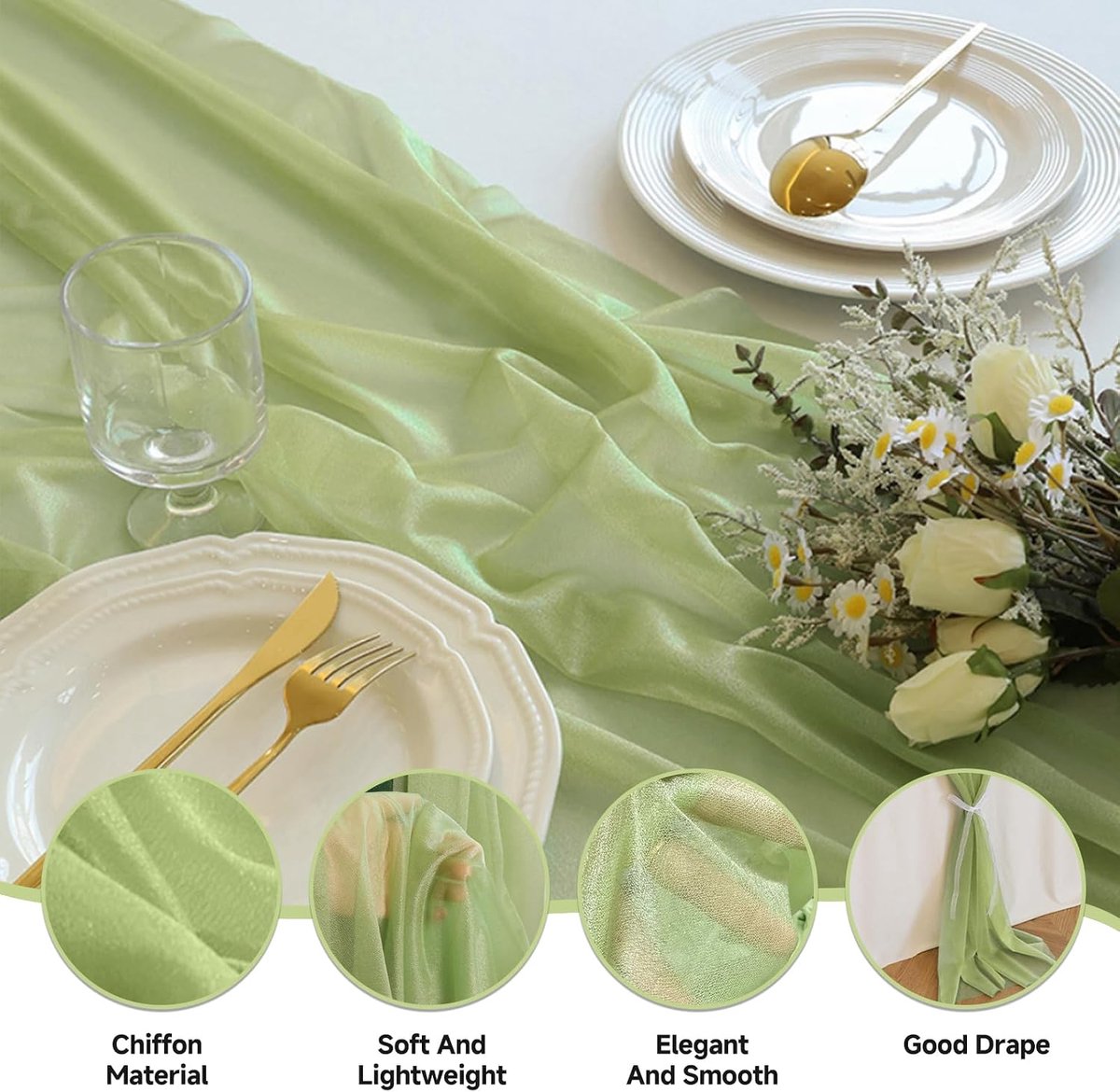 Chiffon tafelloper 70 x 300 cm - lichtgroen - elegant en vloeiend - perfect voor bruiloften - ShopVlot