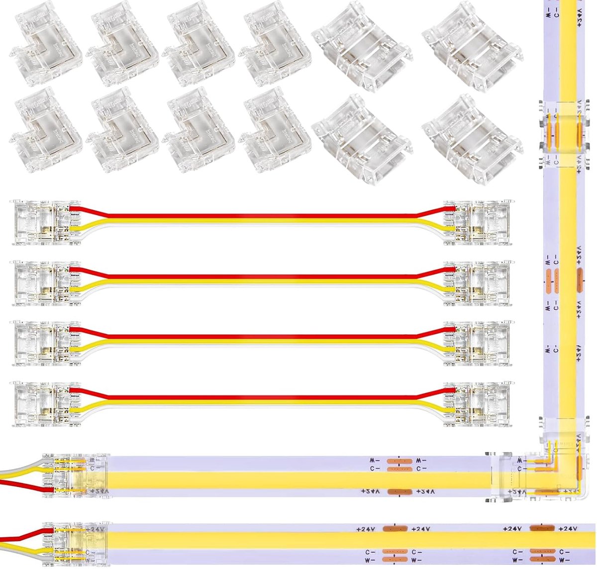3-polige 10mm COB LED connectors - transparant soldeervrij - 16-delige set met 8 L-vormige en 4 midden connectors - ShopVlot