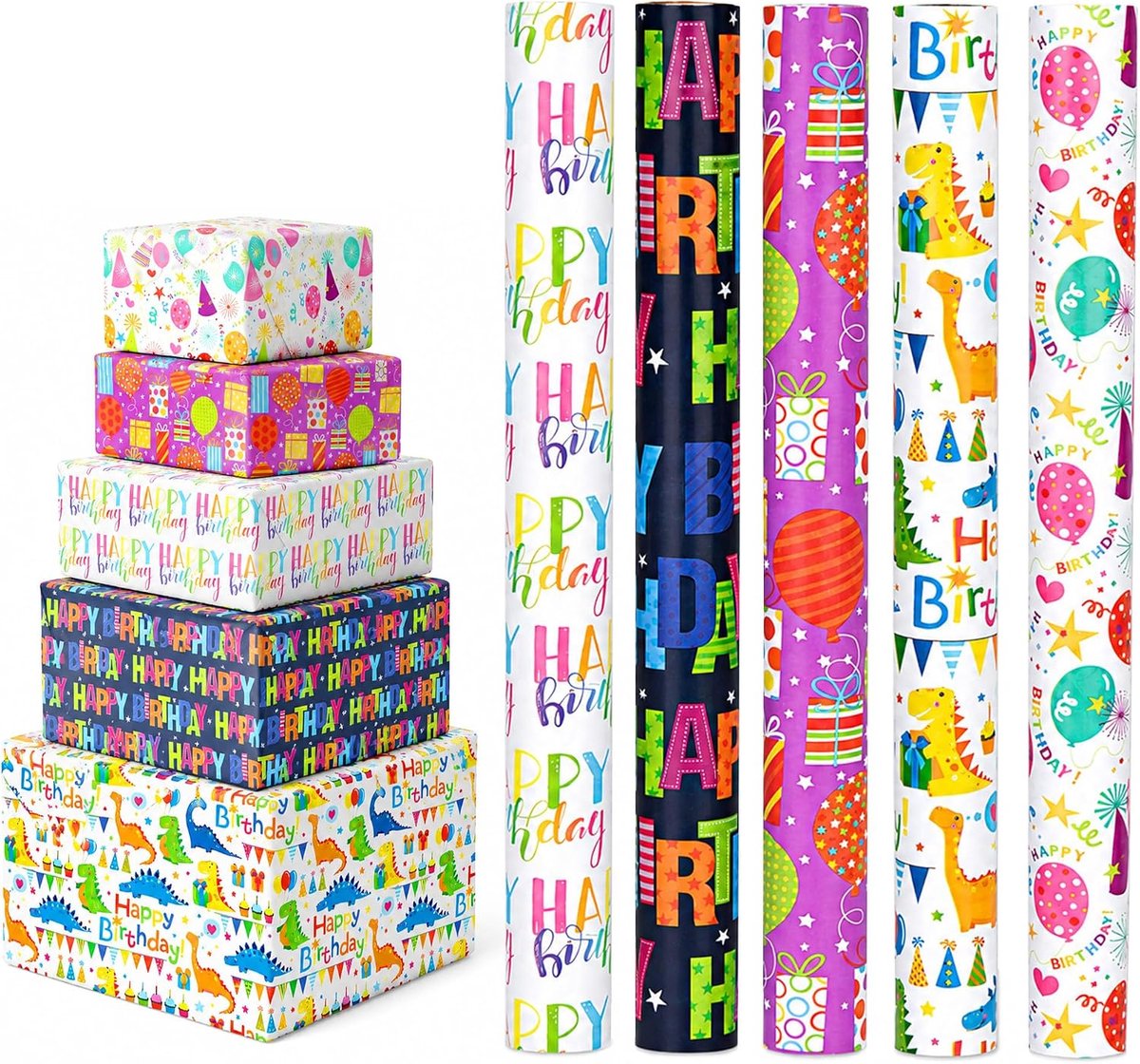 Cadeaupapierset 43 cm × 3 m - 5 rollen - kleurrijke motieven - ideaal voor geschenkverpakking - ShopVlot