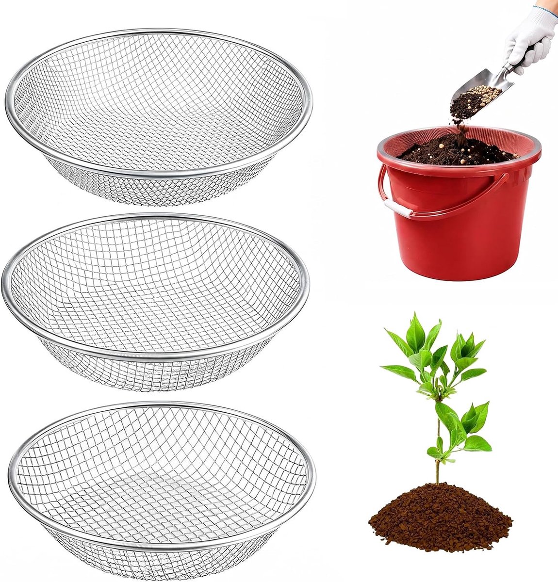 Tuinschep set van 3 - 30 cm met metalen zeef - verschillende maaswijdtes - ideaal voor compost en aarde - ShopVlot