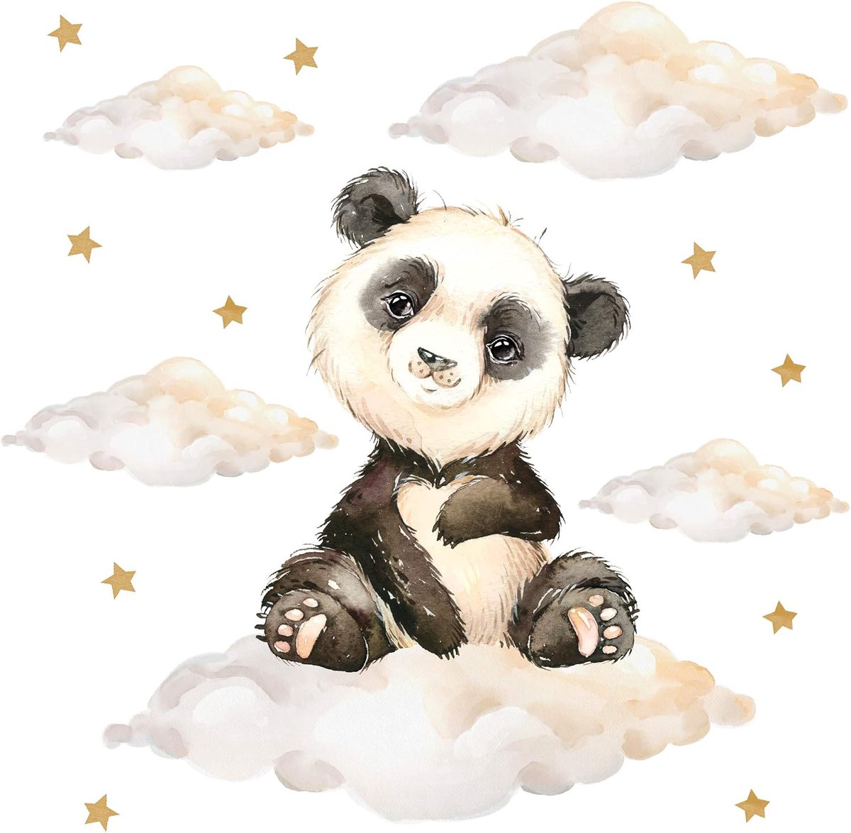 Muursticker kinderkamer Panda - kleine maat - met wolken en sterren - sfeervolle decoratie voor jongens en meisjes - ShopVlot