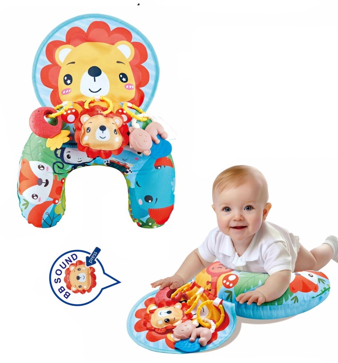 Casalora - U-vormig baby-buikkussen om te leren buikliggen en te oefenen - Babykussen - Geschikt voor baby's van 6-12 maanden - Speelgoed voor vroege educatie - Versterk de zintuigen van de baby - Interactief speelgoed - Rammelaar - Leeuwenstijl