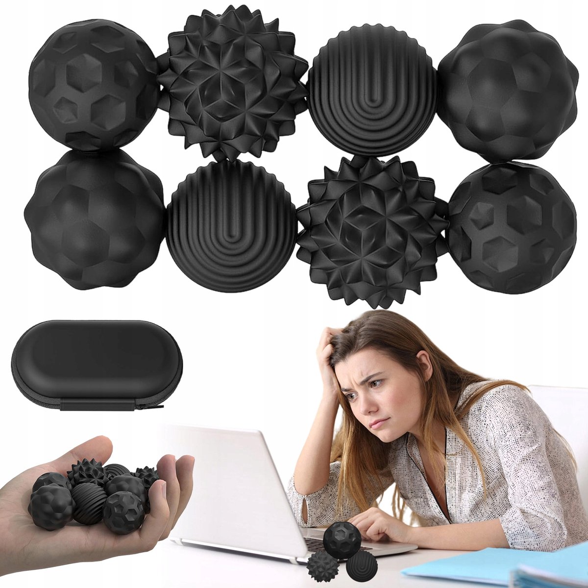 Magnetische Focusballen - Sensorisch Speelgoed - Fidget Toys - 8 Stuks - Siliconen - 4 Texturen - 25 mm - Concentratie & Ontspanning & Stressverlichting - Voor Volwassenen en Kinderen - Zwart Serie