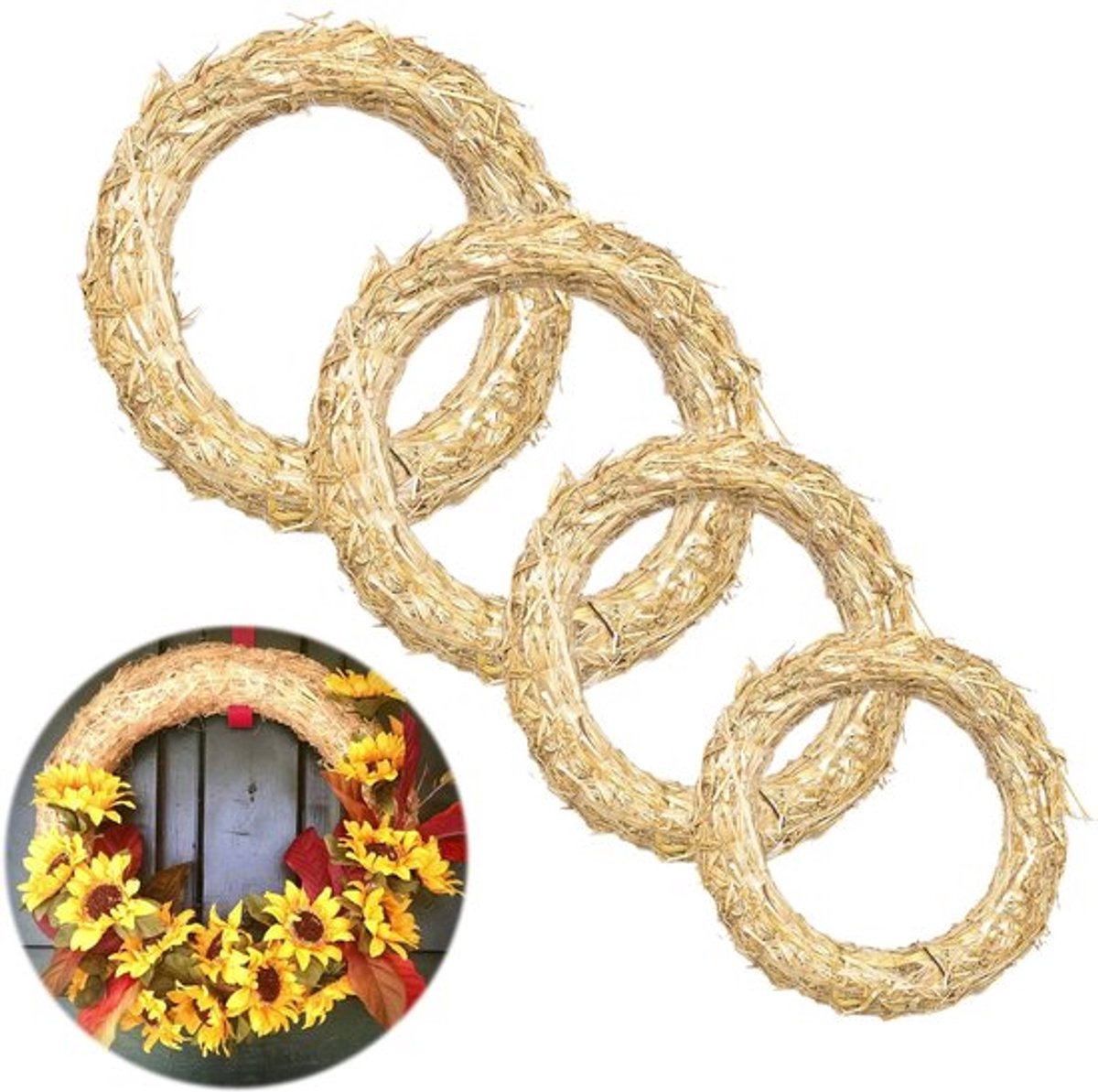 Strokrans Natuurlijke Materialen - Decoratieve Krans - Deurkrans - Wanddecoratie - DIY Krans - Ø 15/20/25/30 cm - 4 Stuks - Decoratiekrans