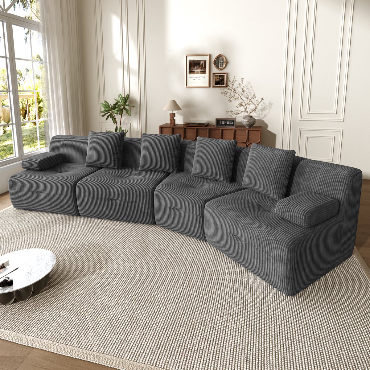 Moderne Hoekbank, 4-Zits bank,Modulaire Compressiebank Voor 4 Personen, Gemaakt Van Corduroystof, Met Vrij Combineerbare Zitmodules, Geen Montage Nodig, Goede Veerkracht,Grijs