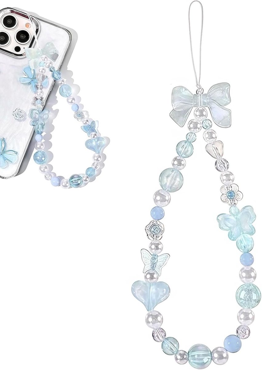 telefoonhanger met bandje - blauwe strik - aardbei- en kersenhanger - perfect voor draadloze oordopjes - ShopVlot