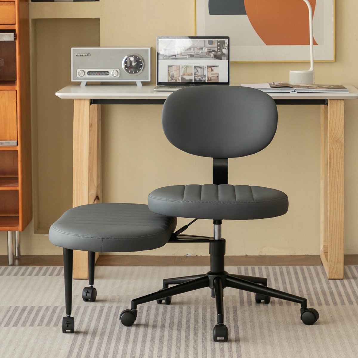 REDOM - Bureaustoel - Ergonomisch ontwerp - Hoogteverstelbare zitting en draaibare voetensteun - 360° draaibaar - Zonder armleuningen - Stof - Grijs - 69 x 48 x 92 cm