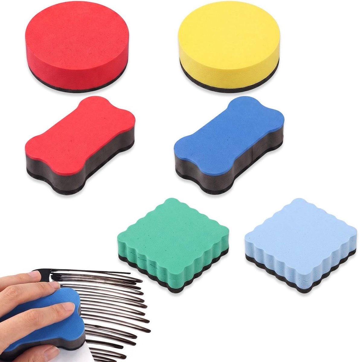 Whiteboardwissers magnetisch - 6 stuks in 3 vormen - droog afwisbaar - altijd binnen handbereik - ShopVlot
