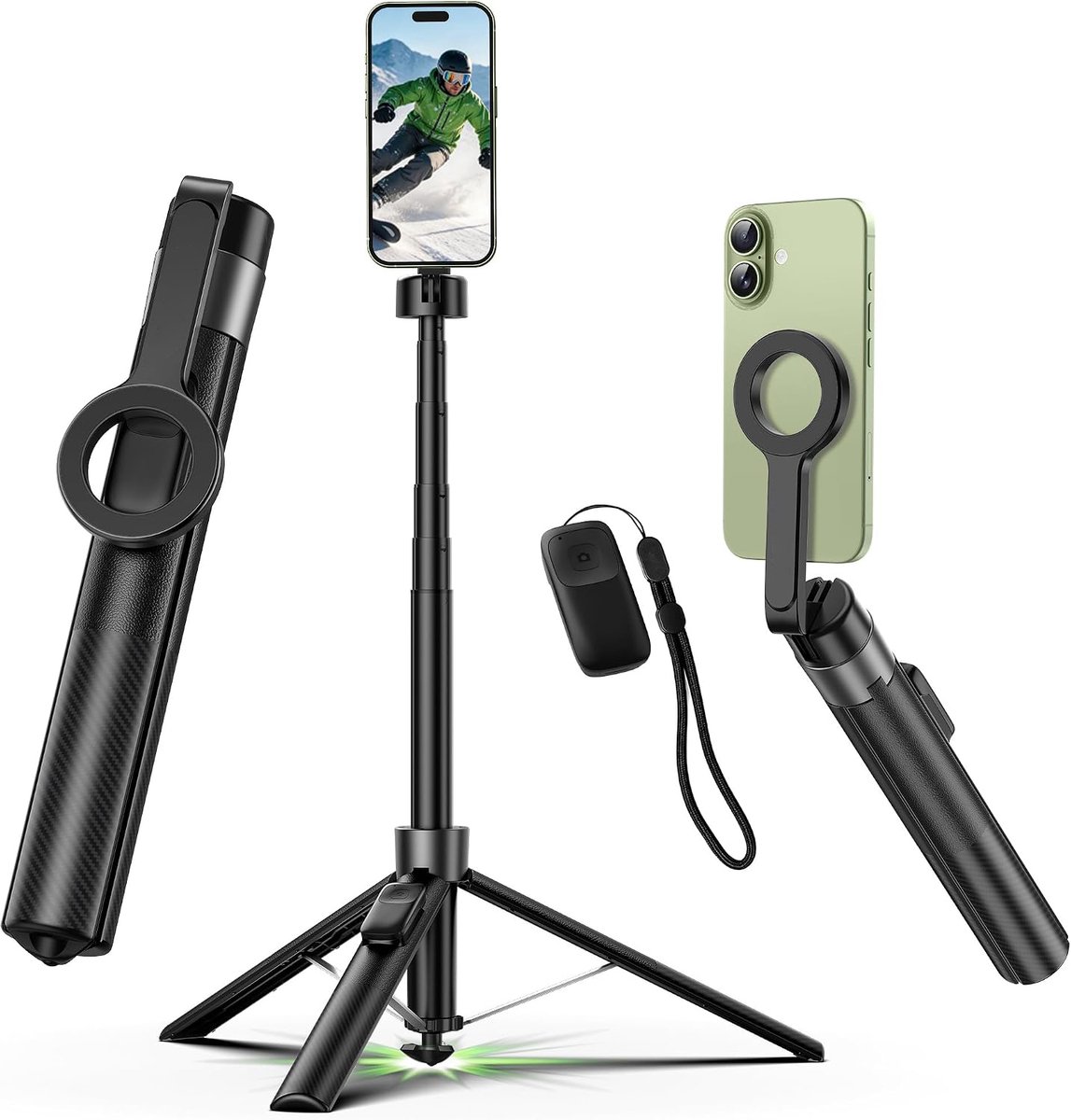 180 cm Magnetisch Telefoonstatief – Selfiestick Statief – Telefoonstatief met Afstandsbediening – Uitschuifbaar Telefoonstatief en Magnetische Selfie Stick – Voor Livestreams, Video en Reizen – iPhone, Samsung en Android – Zwart