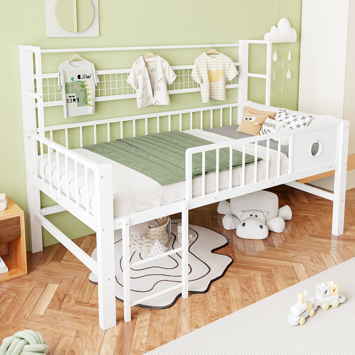 REDOM - Halfhoogslaper - Hoge veiligheidshekken - Met opbergruimte en kledingstang - Kinderkamer - MDF en metaal - Wit - 204 x 95 x 125,5 cm