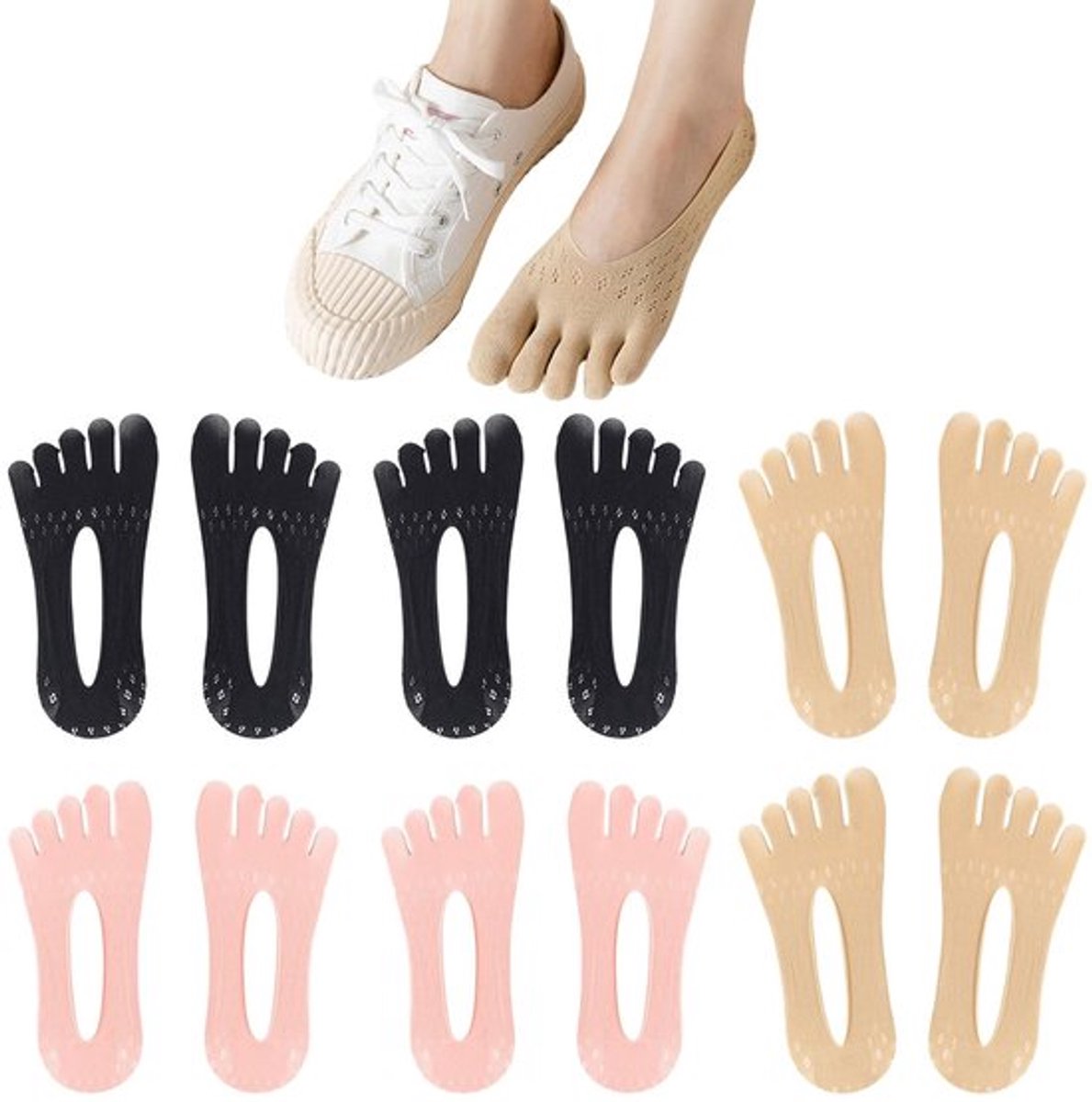 Teensokken Zacht Ademend - Antislip Orthopedische Compressie - Vijf Vingers - Bootsokken - Onzichtbare Sokken - Siliconen Hiel - Vijfvingersokken