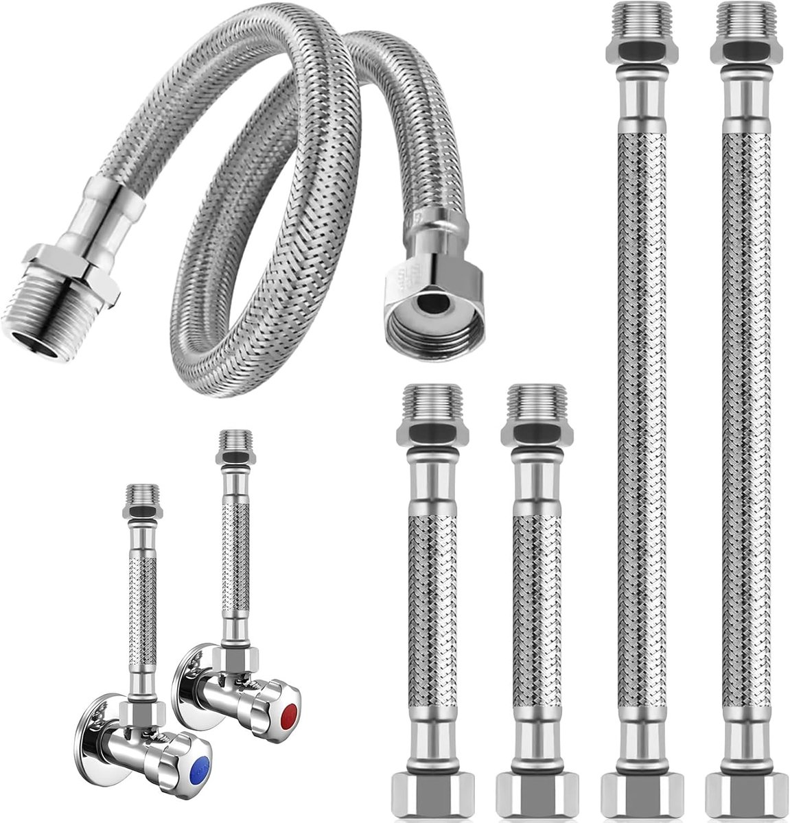 4 Pack 304 Stainless Steel Flexible Hose 3/8 Inch with Union Nut and Male Thread, 20 cm and 10 cm Flexible Armor Hose - ShopVlot