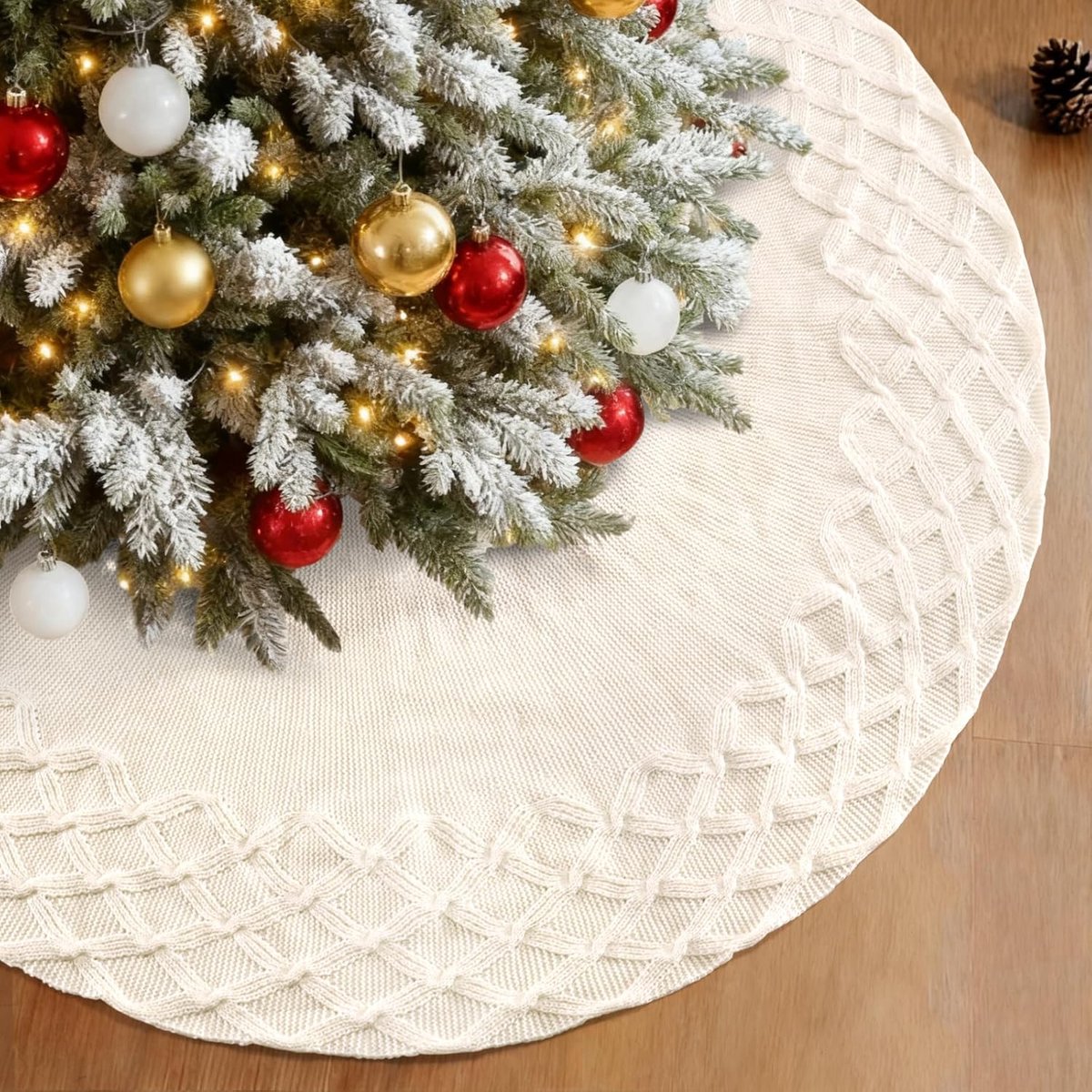 Christmas Tree Blanket Skirt 48" Knitted Christmas Tree Blanket Round White Woven Check Pattern Christmas Tree Blanket - ShopVlot