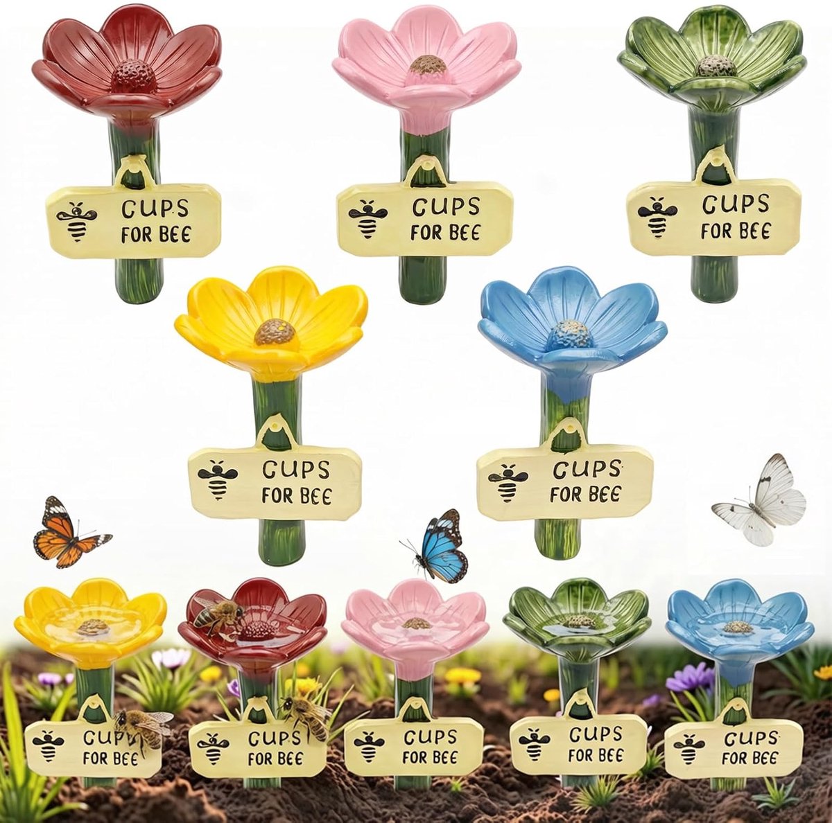Bijendrinkbak, 5-delige set, insectendrinkbak voor de tuin, bloemenvormige bijen, drinkbeker, veilige landingsplaats - ShopVlot