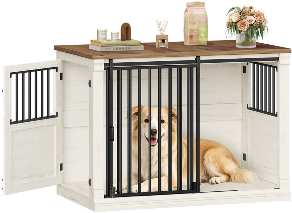 Hzuaneri 121 cm Hondenbench, Hondenbox voor Thuis, Houten Hondenbench met 3 Deuren, Schuifdeuren, Modern Hondenhok voor Kleine, Middelgrote, Grote honden, Bijzettafel, Bruin en Wit, 121 x 75 x 87,5 cm