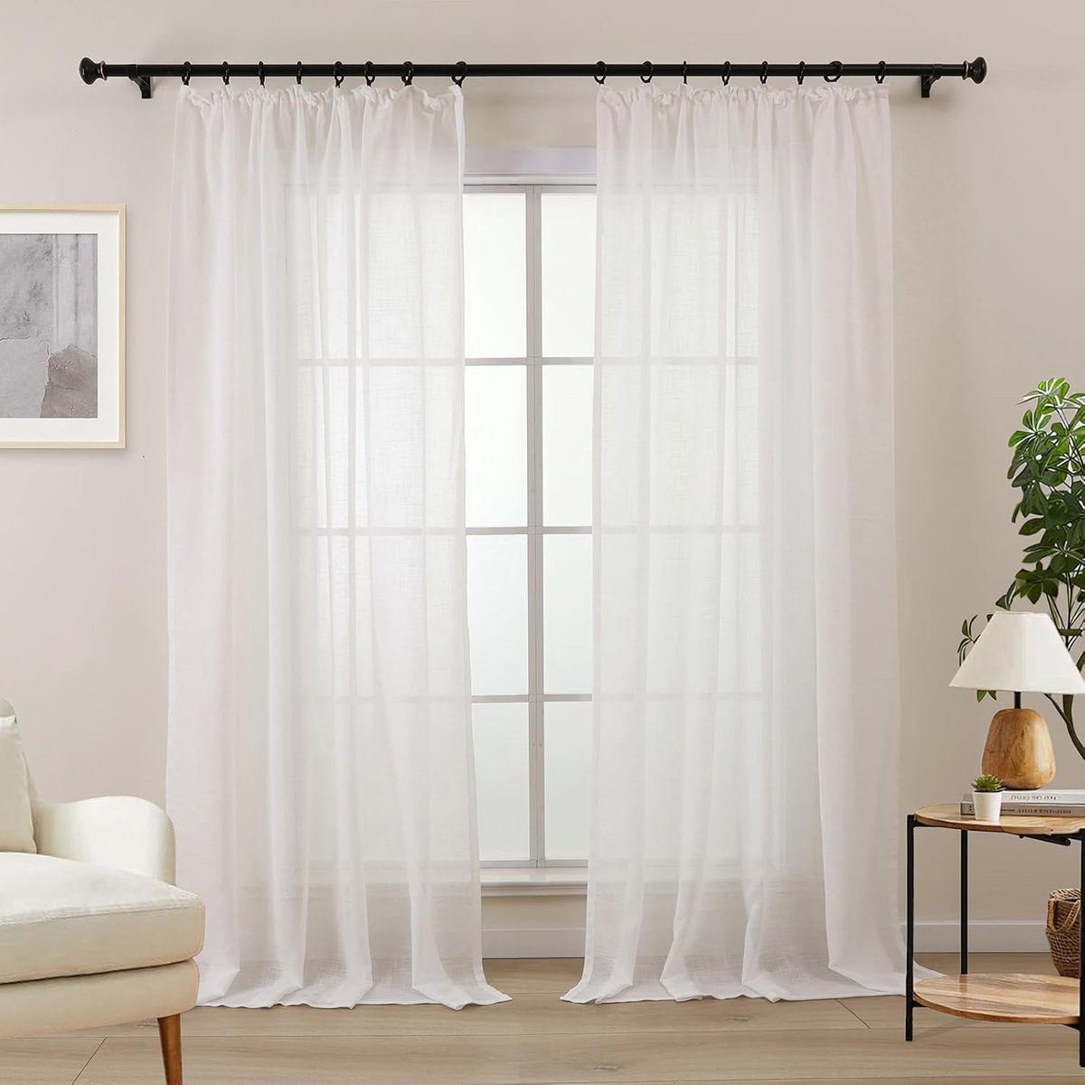 L.Z.E LZE2217T-OW145 White Linen Look Curtains with Ruffle Tape for Living Room Bedroom Window White Set of 2 - ShopVlot
