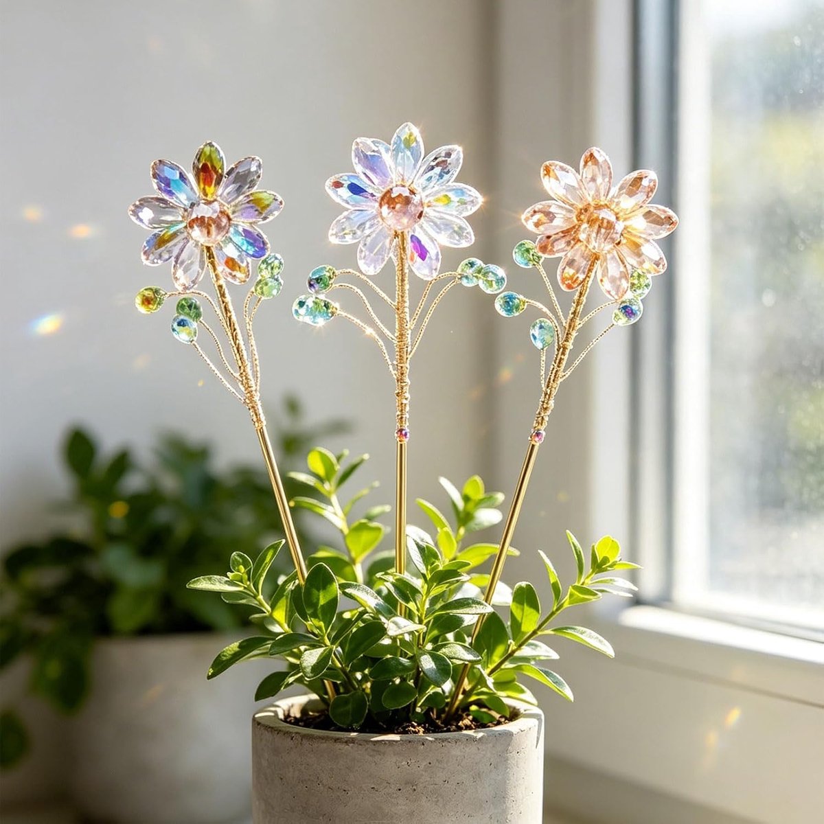 3-delige transparante kristallen zonnebloem raamdecoratie met gouden metalen plantenstaaf van glas, 33,2 cm lengte - ShopVlot