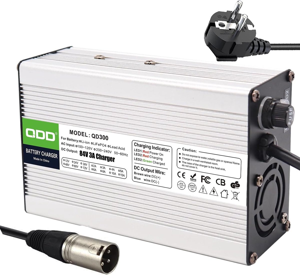 QDD 84V 3A Charger, 72V Li-ion Battery, Intelligent Charger for 20S 72V Li-ion Battery with Fan, Silver Aluminum - ShopVlot