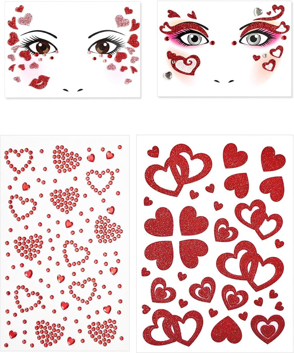 4pcs Valentine's Day Temporary Tattoos Glitter Fake Tattoos Red Heart Lips Tattoo Adhesive Plate Eye Gesicht Glitter - ShopVlot