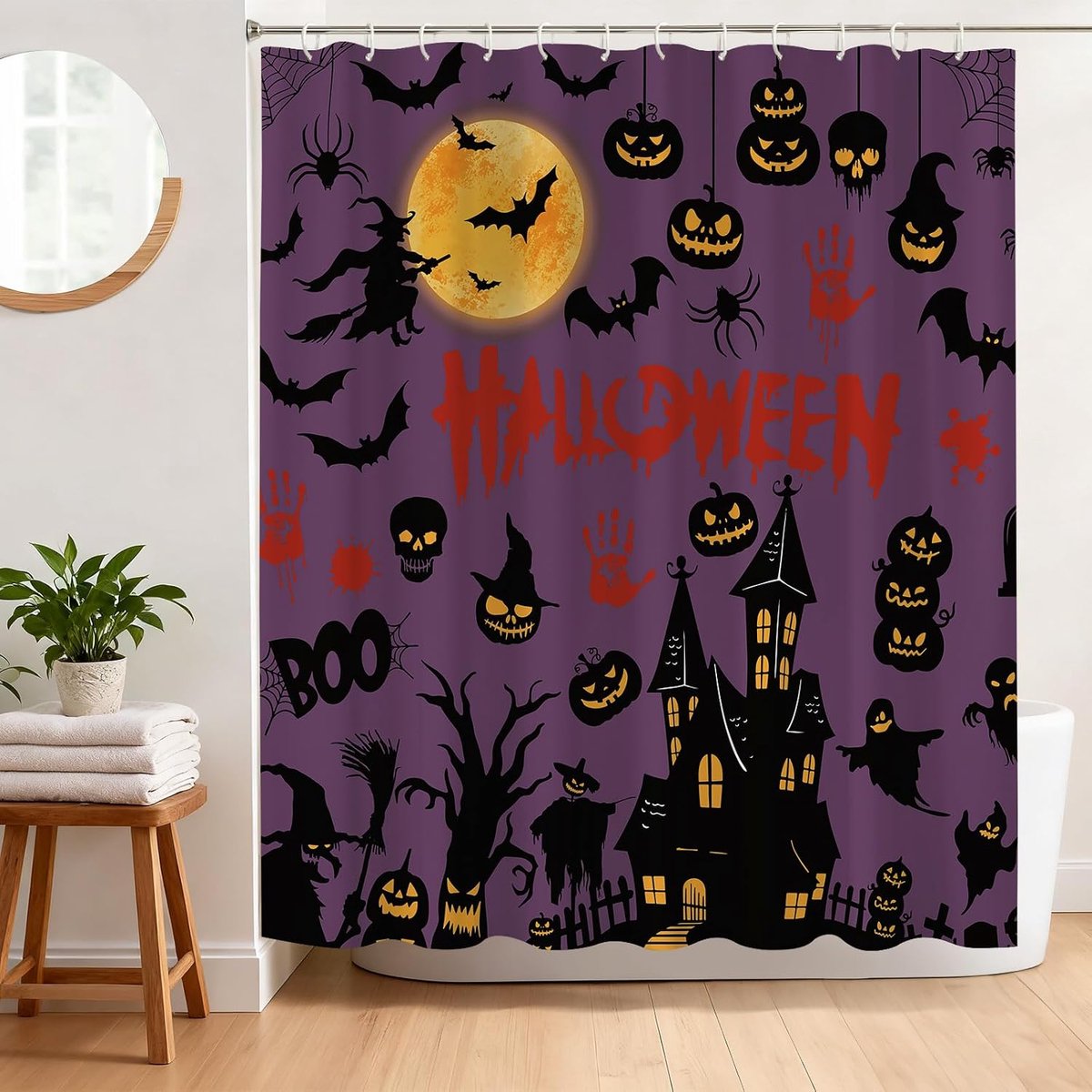 Halloween-douchegordijn, slot, 180 x 180 cm, waterdicht - Met maan en pompoen, schimmelvrij, machinewasbaar - ShopVlot