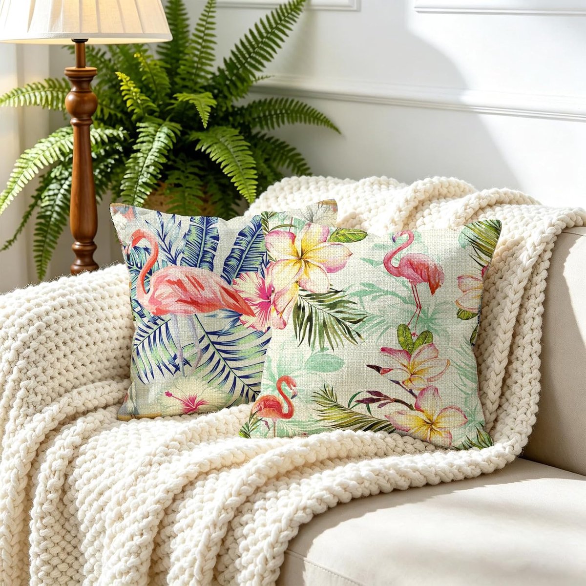 Kussensloop, 45 x 45 cm, 2 stuks, bloemen en flamingo, dubbelzijdig, decoratief, vierkant, van linnen, voor bank - ShopVlot
