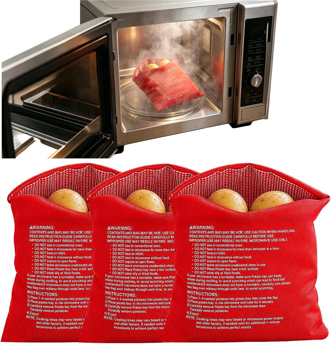 3 Stuks Aardappelzakken Magnetron,25 x 18 cm - zak Voor Pelaardappelen in de Magnetron - ShopVlot