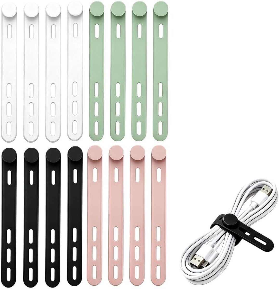 Siliconen kabelbinders, 16 stuks 4 kleuren herbruikbare riemen draadkoord organisatoren, wikkel elastische verstelbare - ShopVlot