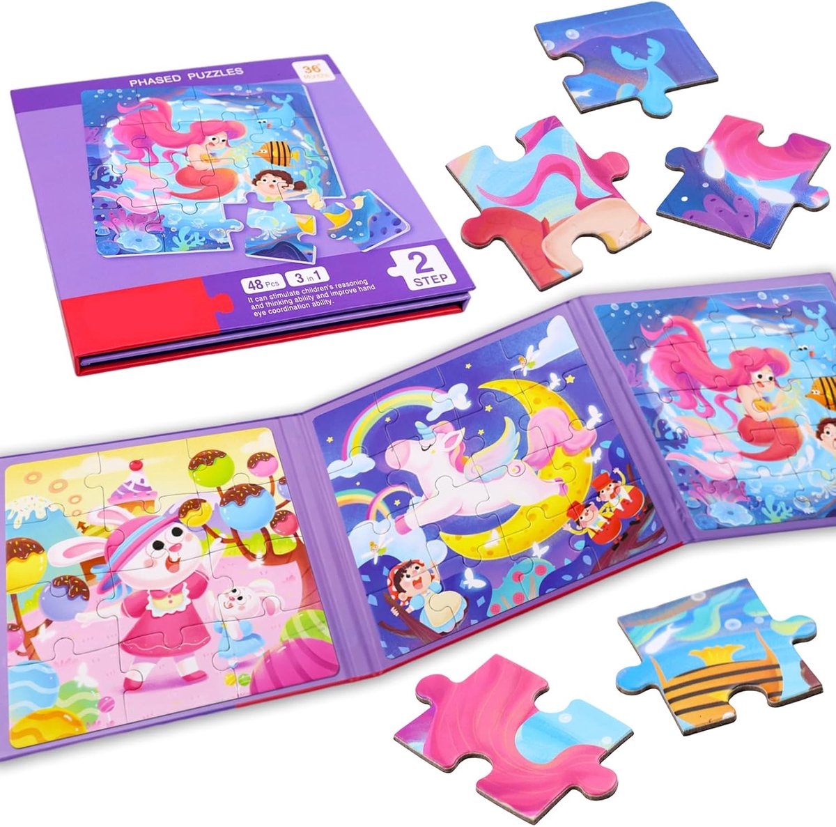 KOIROI Magnetic Puzzle for Kids, 3-in-1, 48 Pieces, 3-8 Years, Paper Pieces Rectangular, Classic, Fantasy, Magnetic - ShopVlot