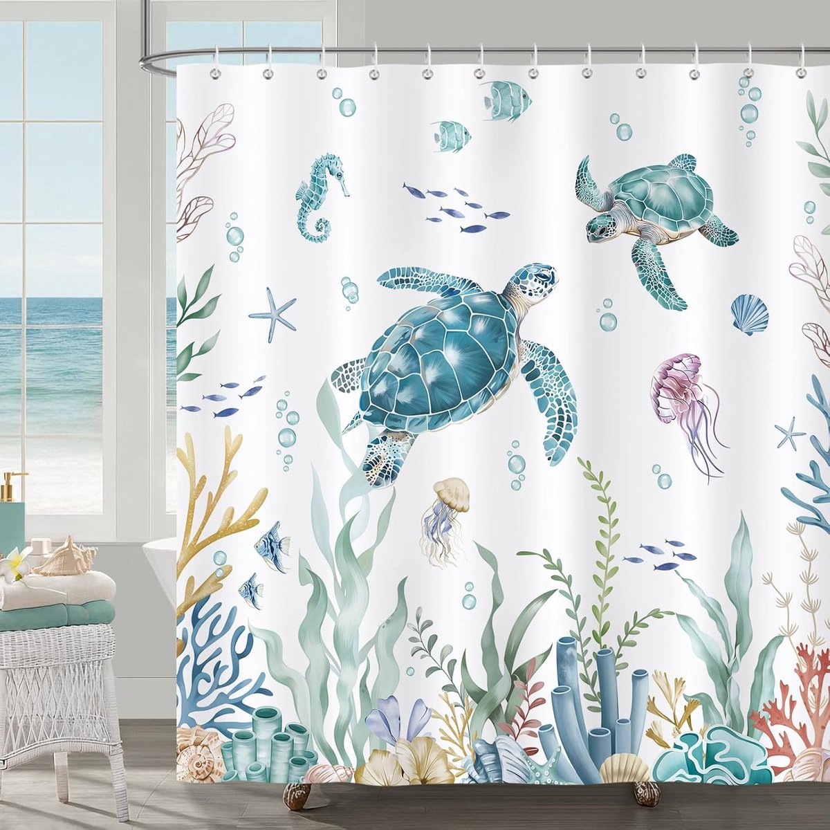 Douchegordijn zeeschildpad 180x180cm - teal oceaan ontwerp - waterdicht en schimmelbestendig - ShopVlot