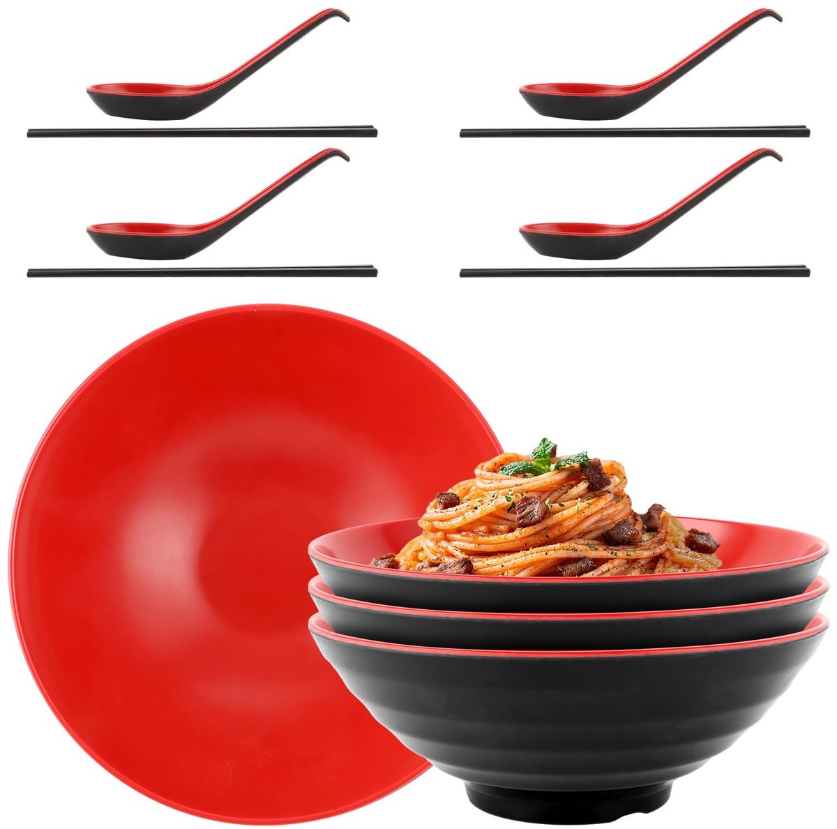 Solidchoice - Set van 4 Japanse Ramenkommen met Lepels en Eetstokjes