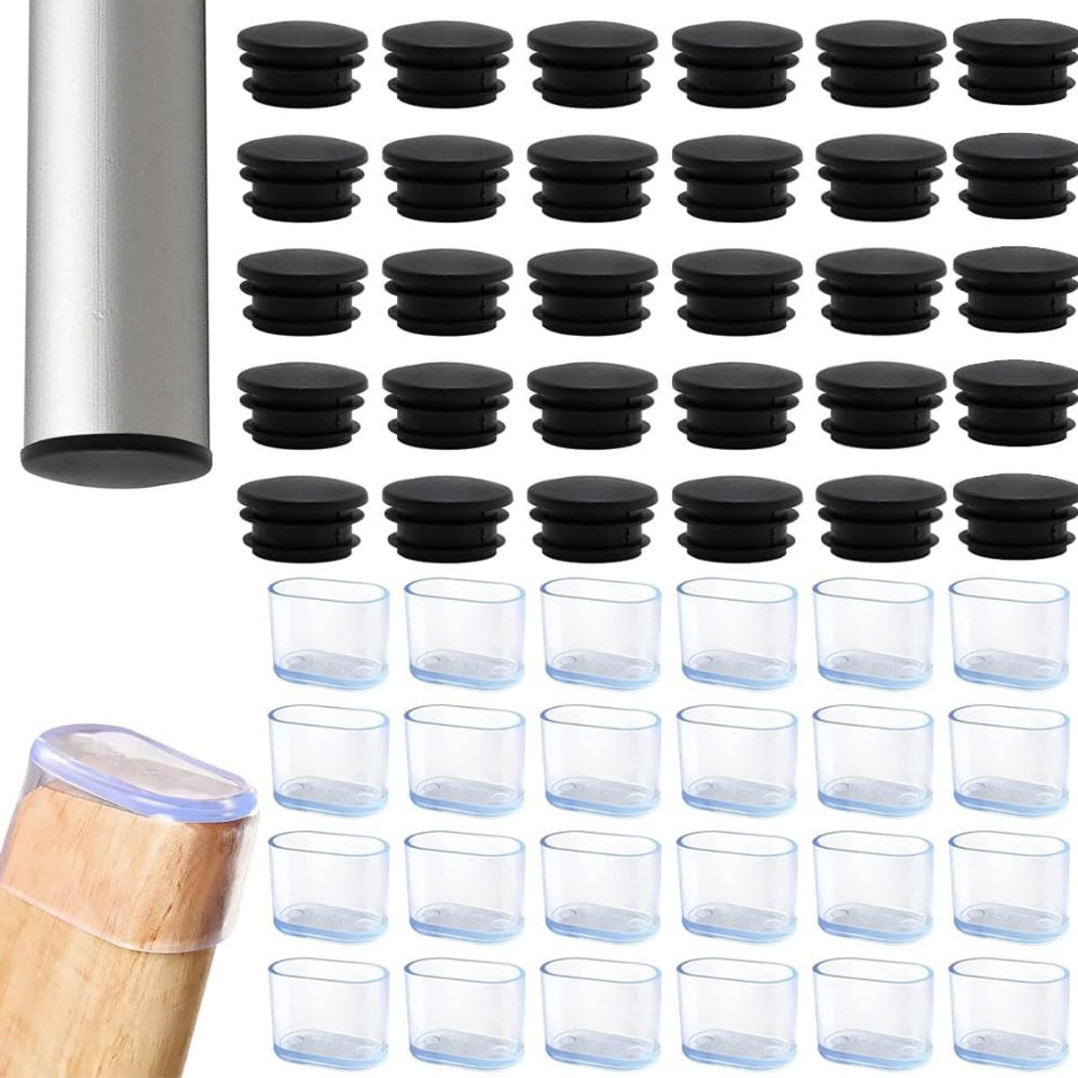 Buffers voor ovalen stoelen 15x30 mm - 24 transparante siliconen en 24 zwarte doppen - duurzaam en niet-slip - ShopVlot