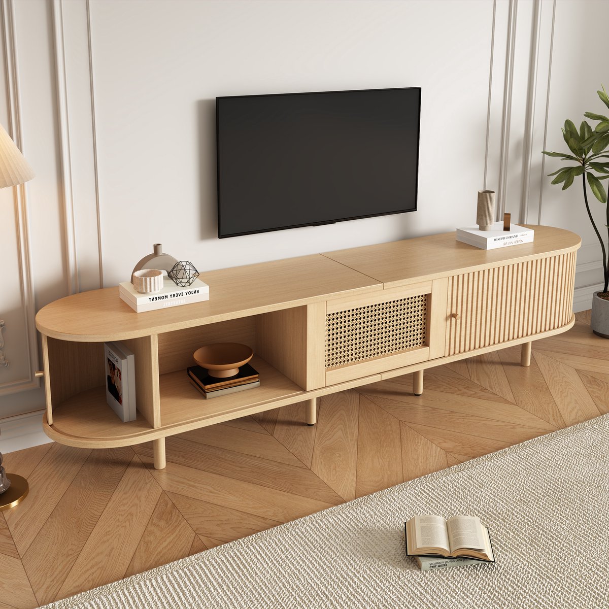 DESMIU TV Meubel - Ronde Vorm Met Schuifdeuren En Lade - Voor Woonkamer En Eetkamer - MDF - Natuurlijk - 180x40x40 Cm
