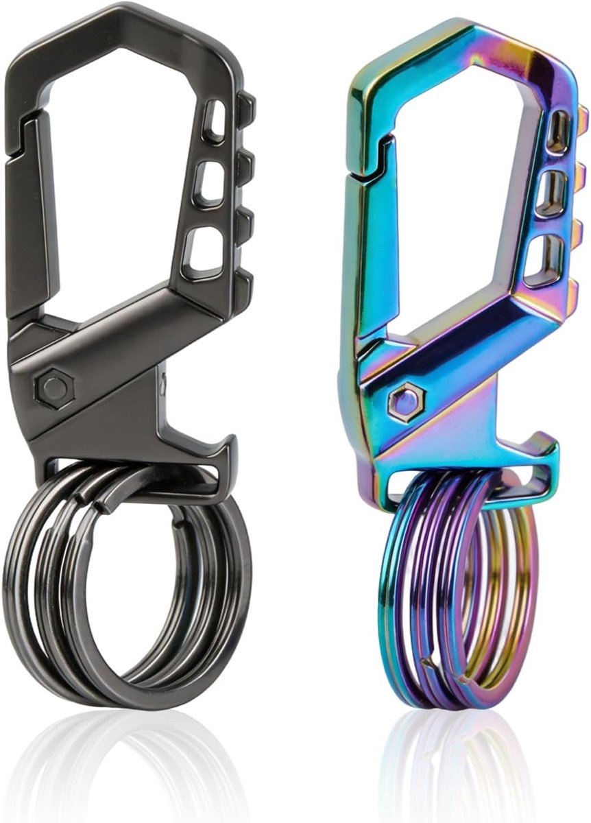 Karabijnhaak sleutelhanger met flesopener - 2 stuks - zwart en kleurrijk - ideaal voor auto en camping - ShopVlot