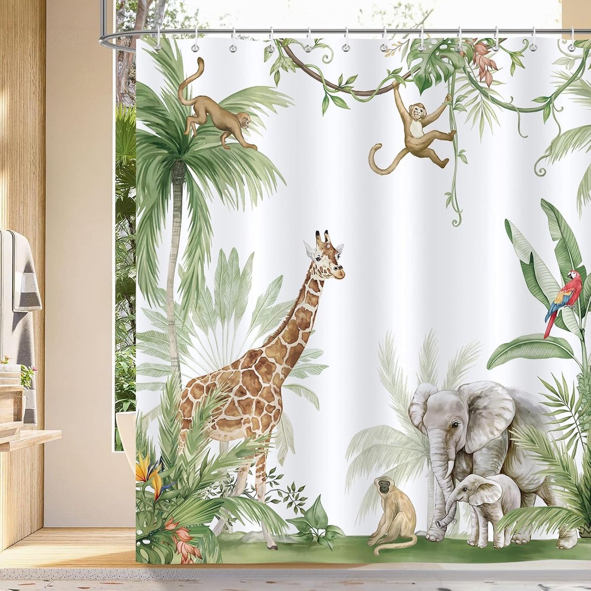 Douchegordijn Tropische Dieren 180x180cm - Waterdicht Polyester - Schimmelbestendig - Brengt de natuur in uw badkamer - ShopVlot