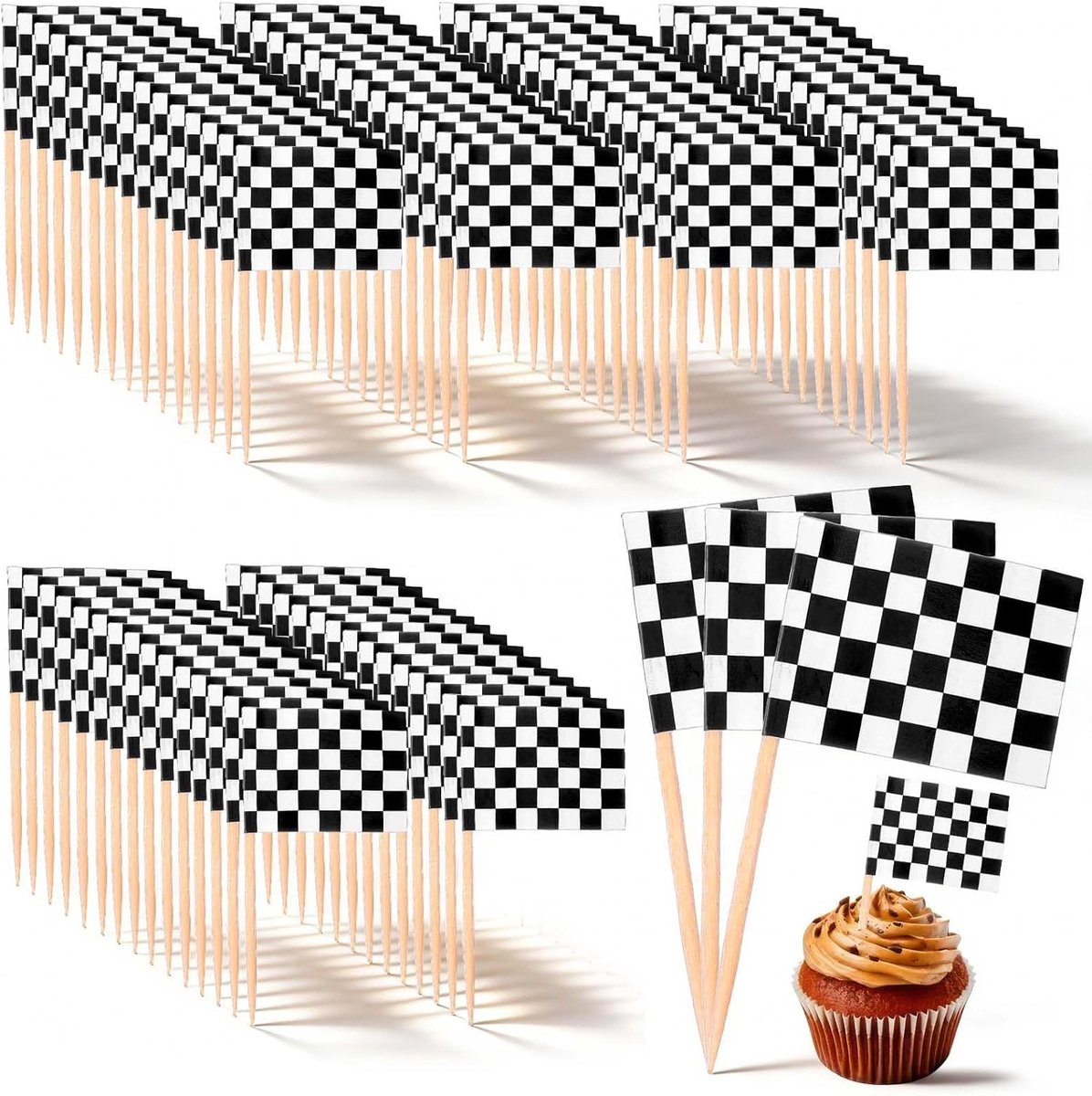 Tandenstokers vlaggen 200 stuks - papier - zwart-wit geruit - perfect voor feestdecoratie - ShopVlot