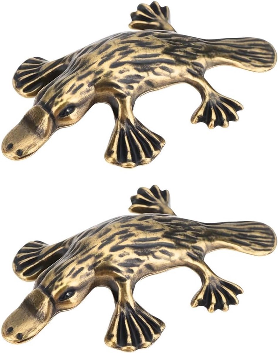 Platypus beeldje 2-delig - vintage massief messing - compact formaat - decoratie voor bureau - ShopVlot