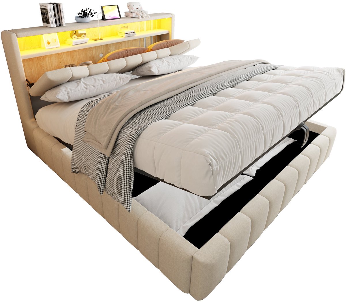 Merax Gestoffeerd Bed 180 x 200 cm - Beige - Linnen - Bed Met Opbergruimte - Hydraulisch Hefmechanisme - LED Verlichting - USB En USB-C - Metalen Lattenbodem