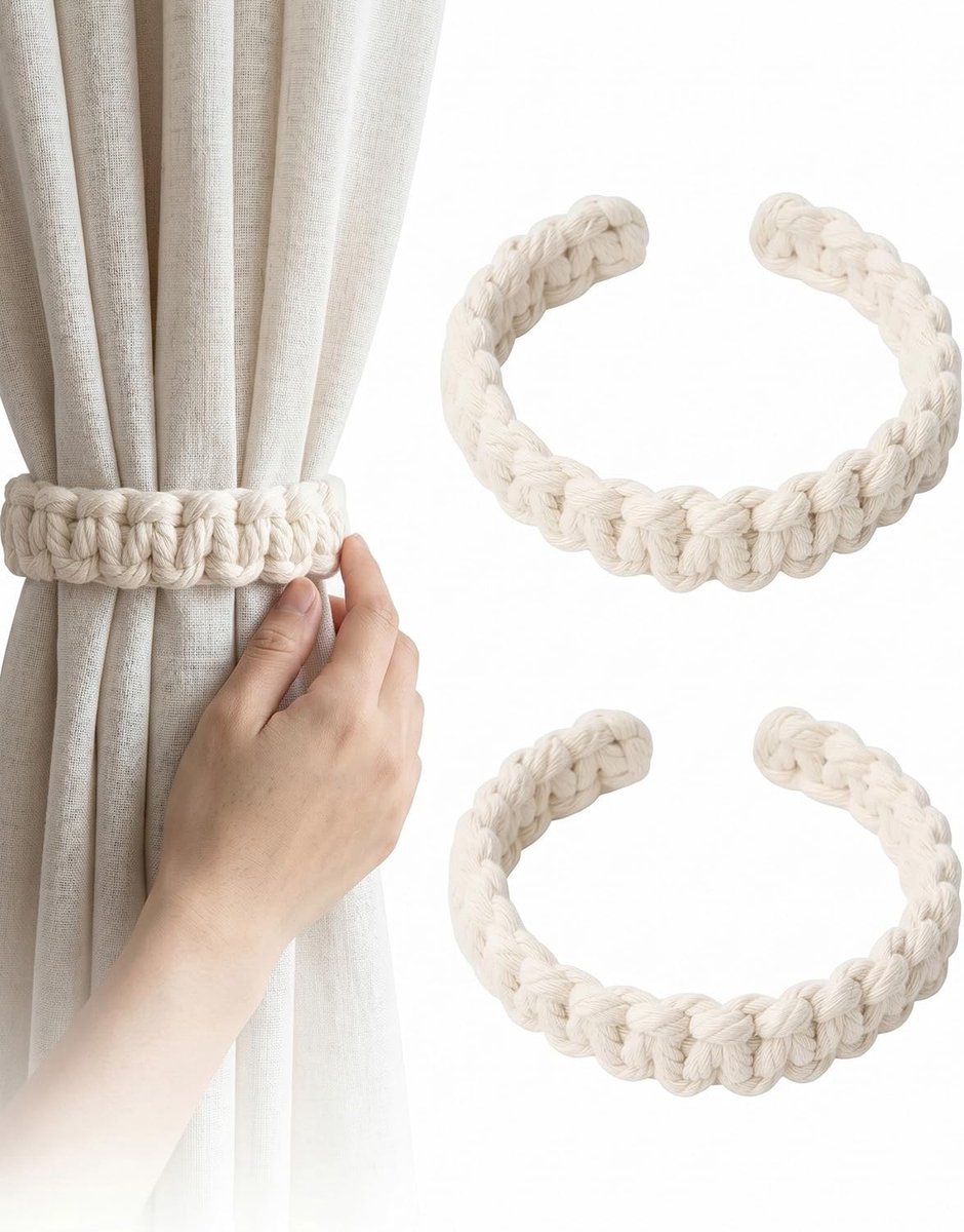 Gordijnhouders 2 stuks - crèmewit gevlochten katoenen touw - boho-stijl decoratief - voor woonkamer en slaapkamer - ShopVlot